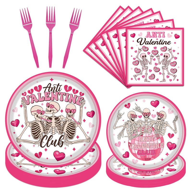 Rakuto Valentines Day Plates and Napkins Party Decorations, 96PCS Anti Valentine's Day Paper Plates and Napkins Decor, Galentines Anti Valentine Club Themed Forks Decoration for Home Wedding - Image 1