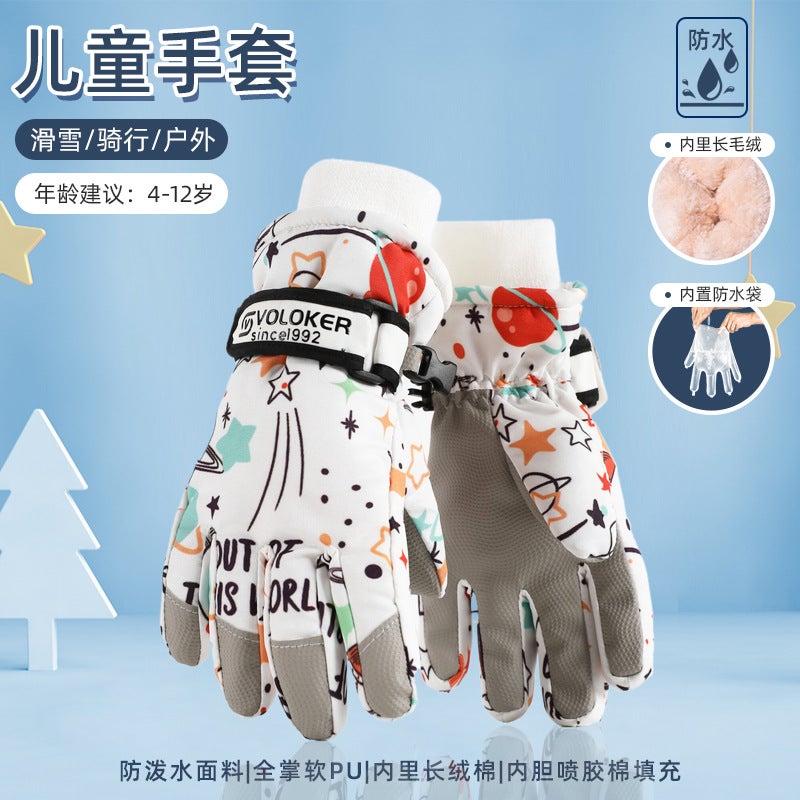Generic Childrens ski gloves waterproof winter warm fleece-lined thickened boys and girls children ski special non-slip cross-border Cosmic starry sky [thick velvet]