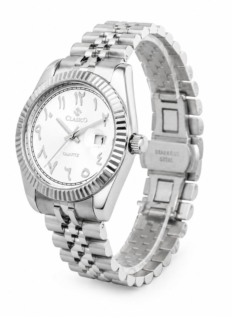 Clasico Royale Men's Luxury  Watch – Arabic Numeral Dial, Fluted Bezel, Date Display & Premium Stainless Steel Jubilee Bracelet - Image 2