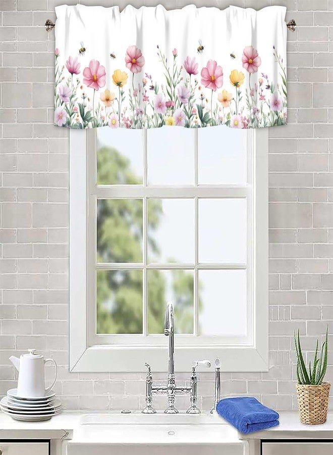 AYTTBIS Spring Wildflowers Curtain Valance for Windows Bees Floral Pink Window Treatments 1 Panel Short Curtains for Kitchen Windows Bathroom Bedroom,42 x 12 Inch - Image 4