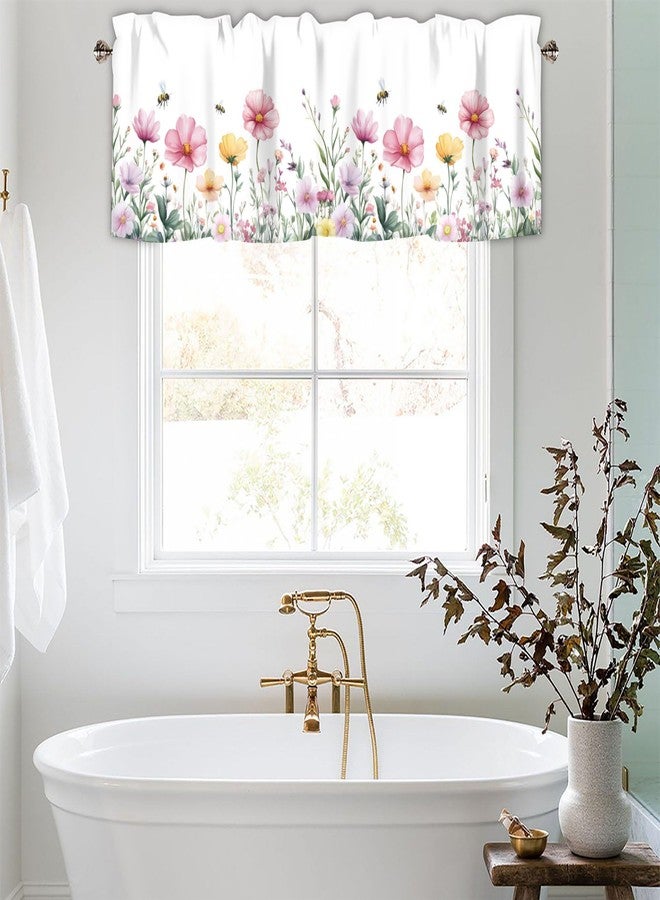 AYTTBIS Spring Wildflowers Curtain Valance for Windows Bees Floral Pink Window Treatments 1 Panel Short Curtains for Kitchen Windows Bathroom Bedroom,42 x 12 Inch - Image 2