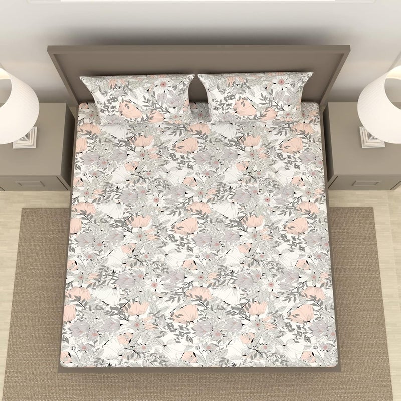 Divine Casa 144 TC 100 Cotton Bedsheet King Size Bed King Size Bedsheet with 2 Pillow Covers Size 270 X 270 cm Floral Rose Grey - Image 2