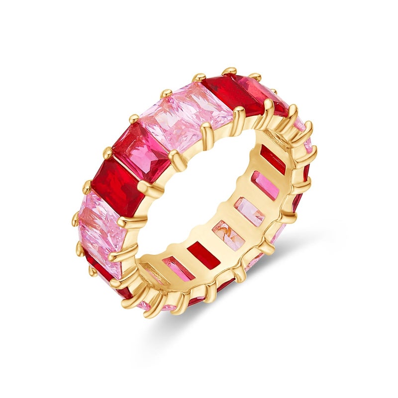 AFFY Eternity Rainbow Ring 18K Yellow Gold Plated Emerald-Cut Multi Color AAA Created-Gemstone Rainbow Stackable Wedding Band for Women Gift For Her (Ring 2, Size 8) - Image 1