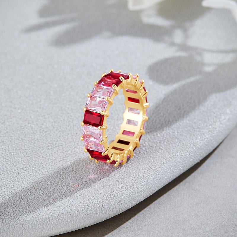 AFFY Eternity Rainbow Ring 18K Yellow Gold Plated Emerald-Cut Multi Color AAA Created-Gemstone Rainbow Stackable Wedding Band for Women Gift For Her (Ring 2, Size 8) - Image 3