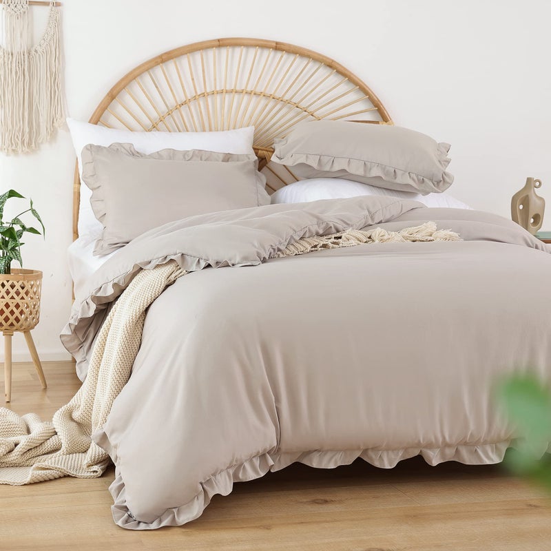 JANZAA Full Size Comforter Ruffled Oatmeal Soft Vintage Farmhouse Bed Comforter Set Shabby Fluffy 3PCS Bedding 1 Comforter Set and 2 Pillowcases