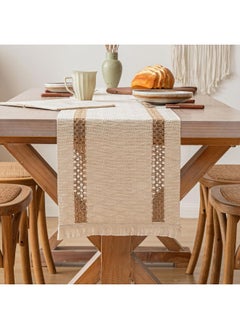 Bukela Boho Macrame Table Runner, Linen Burlap Woven Table Runners 72 inches Long, Bohemian Kitchen Dining Room Bedroom Dresser Rustic Home Decor  - Image 1