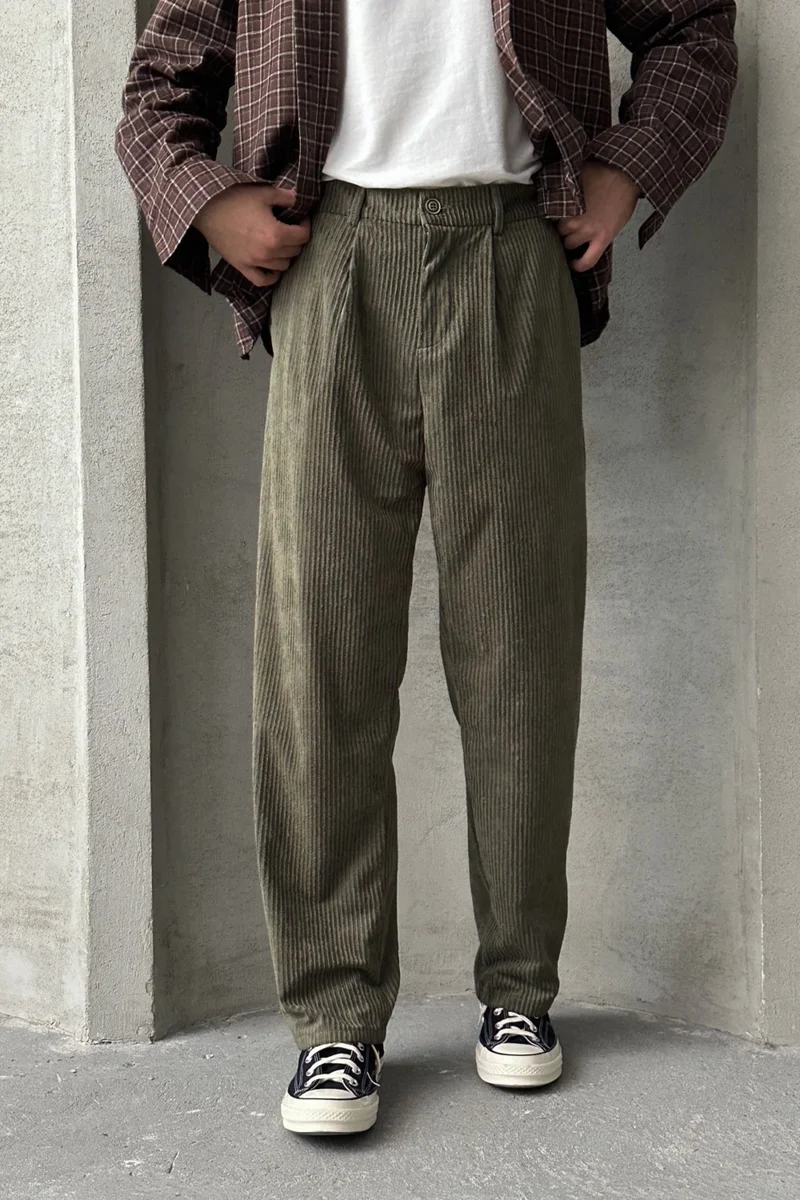 هايمان Men's Pleated Baggy Pattern Velvet Trousers