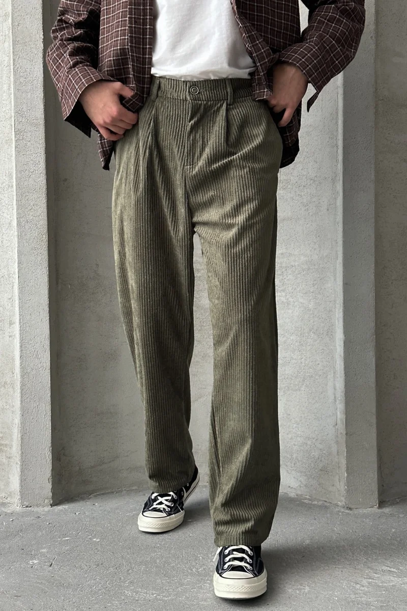 هايمان Men's Pleated Baggy Pattern Velvet Trousers