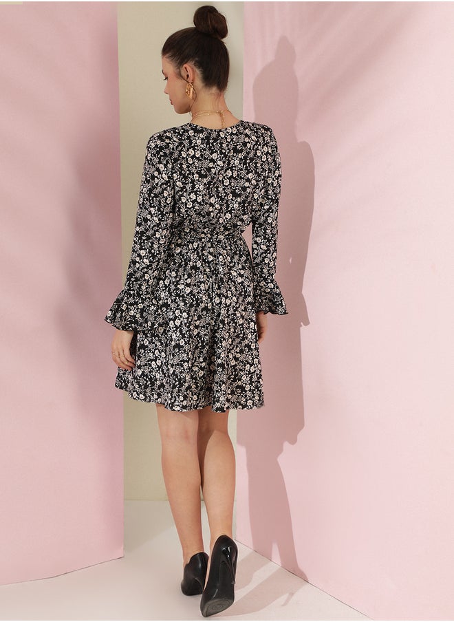 Kotty Floral Printed V Neck Fit and Flare Mini Dress  - Image 4
