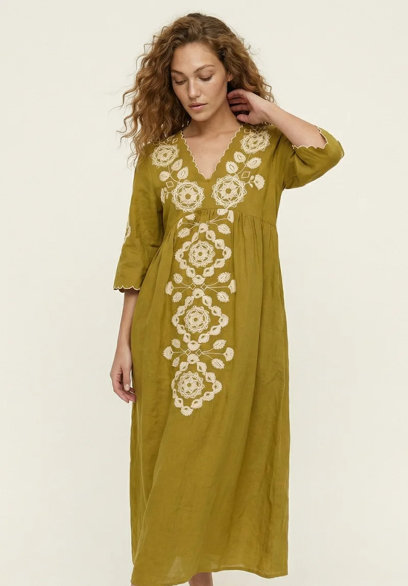 رافاي Arianna V- Neck Embroidered Maxi Dress In Chartreuse