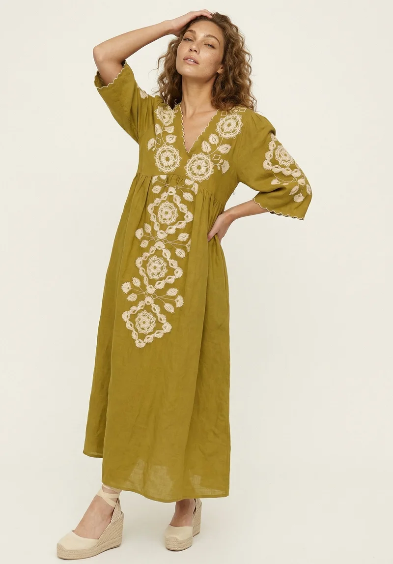 رافاي Arianna V- Neck Embroidered Maxi Dress In Chartreuse
