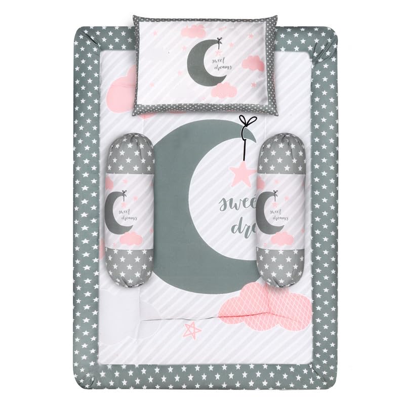 LOREM Premium Cotton Grey 3 Pillows & Rectangle Shape Moon Baby Bed for 0-1 Year BB107-B - Image 1