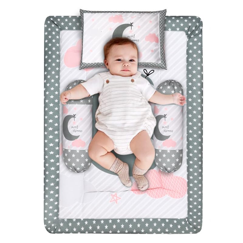 LOREM Premium Cotton Grey 3 Pillows & Rectangle Shape Moon Baby Bed for 0-1 Year BB107-B - Image 4