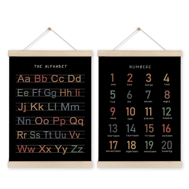 HRQKO Alphabet Numbers Poster Hanger Frame Set of 2 Black Nursery Wall Decor ABC Poster Wall Art with Wooden Frames Boho Alphabet Banner Wall Hanging Decor for Toddler Playroom 12x16 Inch