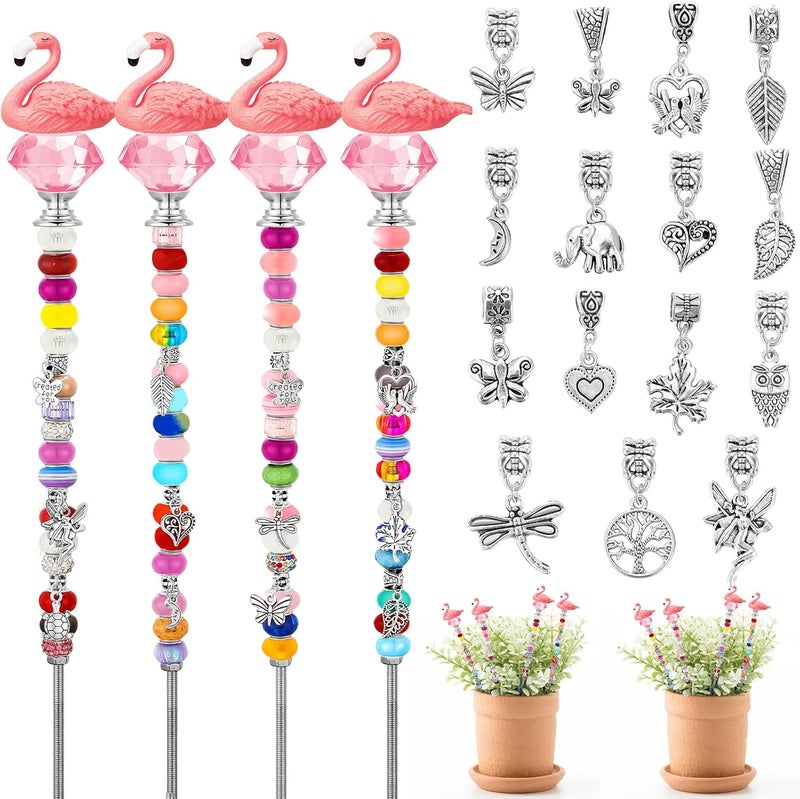 Lineshading 91 Pcs Flamingo Decorative Garden Stakes, Beads Stakes Wands Kit with Crystal Stopper Top Flamingo Ornaments Beads Silver Pendant Beads Threaded Rods Nuts, Fairy Sticks Craft Accessories - Image 1