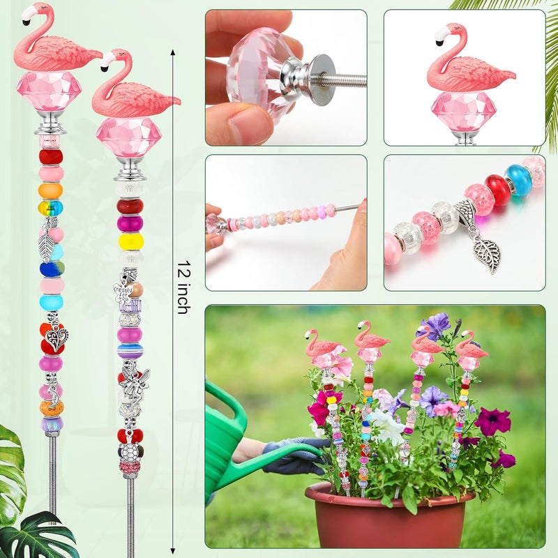 Lineshading 91 Pcs Flamingo Decorative Garden Stakes, Beads Stakes Wands Kit with Crystal Stopper Top Flamingo Ornaments Beads Silver Pendant Beads Threaded Rods Nuts, Fairy Sticks Craft Accessories - Image 2