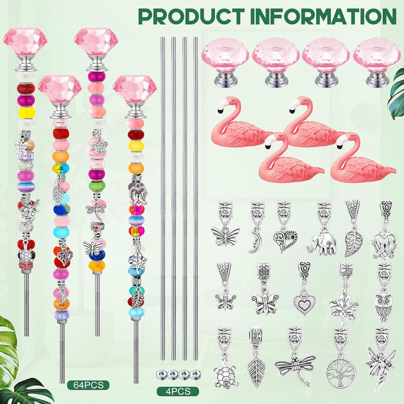 Lineshading 91 Pcs Flamingo Decorative Garden Stakes, Beads Stakes Wands Kit with Crystal Stopper Top Flamingo Ornaments Beads Silver Pendant Beads Threaded Rods Nuts, Fairy Sticks Craft Accessories - Image 3