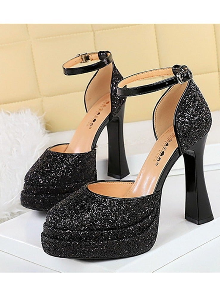 BIGTREE Womens Shiny Sequins Platform Chunky High Heels Round Closed Toe With Ankle Strap Pumps Black 11.5CM - Image 1