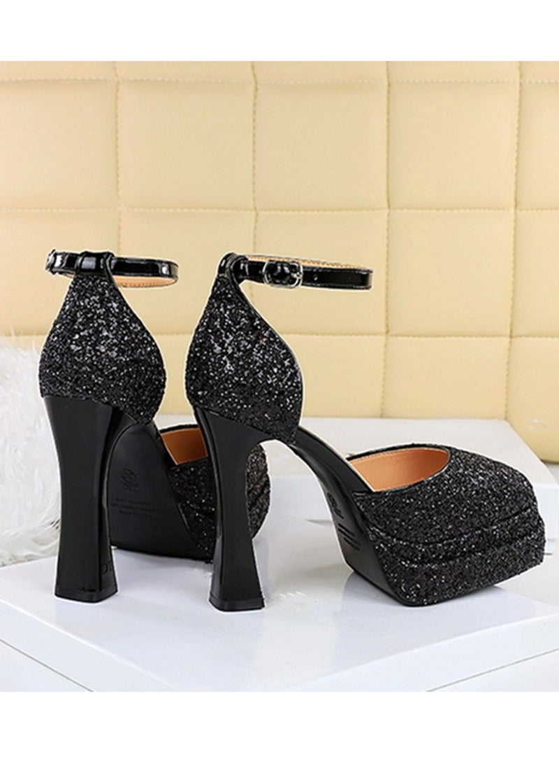 BIGTREE Womens Shiny Sequins Platform Chunky High Heels Round Closed Toe With Ankle Strap Pumps Black 11.5CM - Image 2