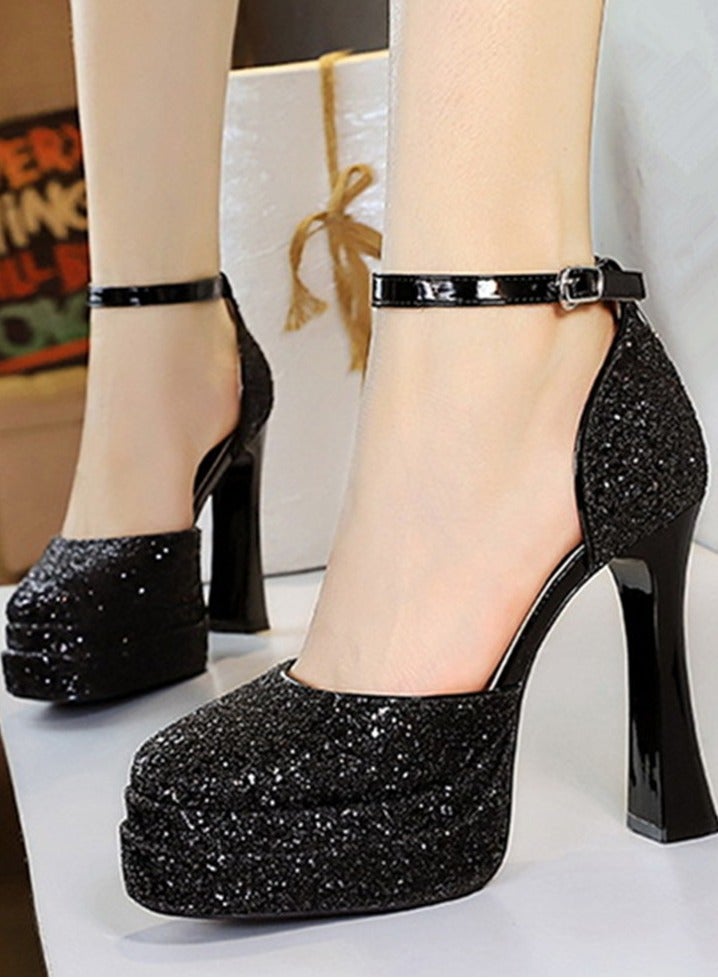 BIGTREE Womens Shiny Sequins Platform Chunky High Heels Round Closed Toe With Ankle Strap Pumps Black 11.5CM - Image 3