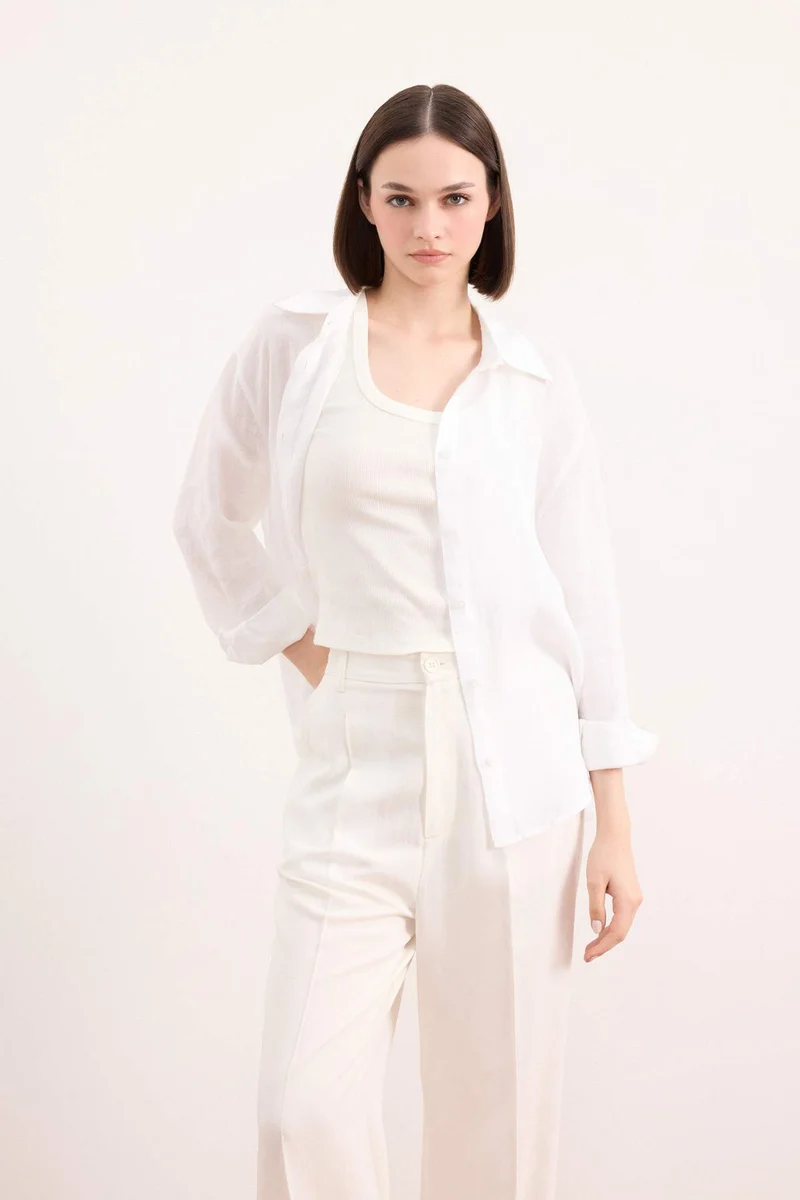 ديفاكتو Oversize Linen Long Sleeve White Shirt