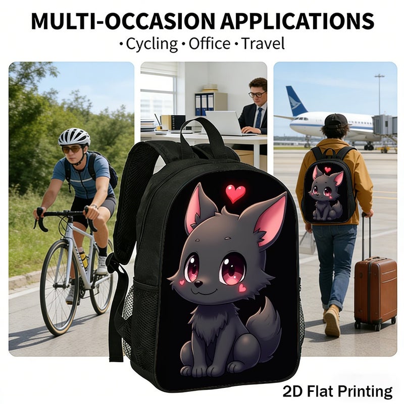 حقيبة ظهر Chibi Wolf With Hearts خفيفة الوزن كبيرة السعة مطبوعة بشكل مسطح في عطلة نهاية الأسبوع في الهواء الطلق للجنسين - Image 5