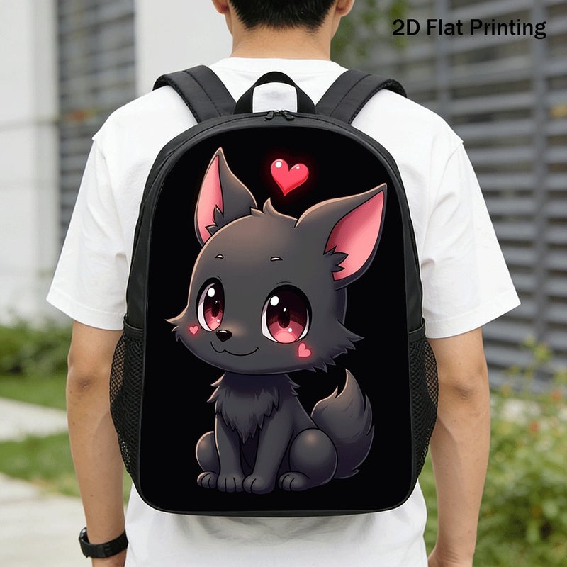 حقيبة ظهر Chibi Wolf With Hearts خفيفة الوزن كبيرة السعة مطبوعة بشكل مسطح في عطلة نهاية الأسبوع في الهواء الطلق للجنسين - Image 1