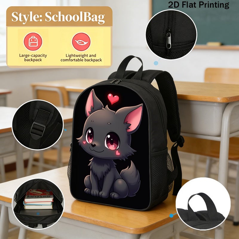 حقيبة ظهر Chibi Wolf With Hearts خفيفة الوزن كبيرة السعة مطبوعة بشكل مسطح في عطلة نهاية الأسبوع في الهواء الطلق للجنسين - Image 2