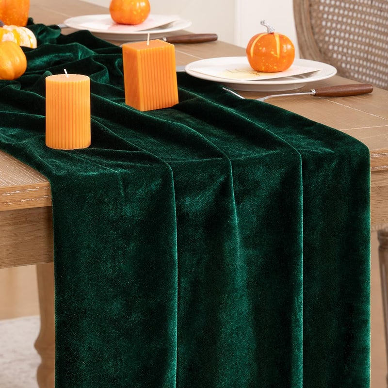 DeZerlor Emerald Green Velvet Table Runner Fall Thanksgiving Table Runner 20 x 120 Inch Luxurious Elegant Velvet Fabric Friendsgiving Table Decorations for Christmas Dinner Wedding Bridal Baby Shower