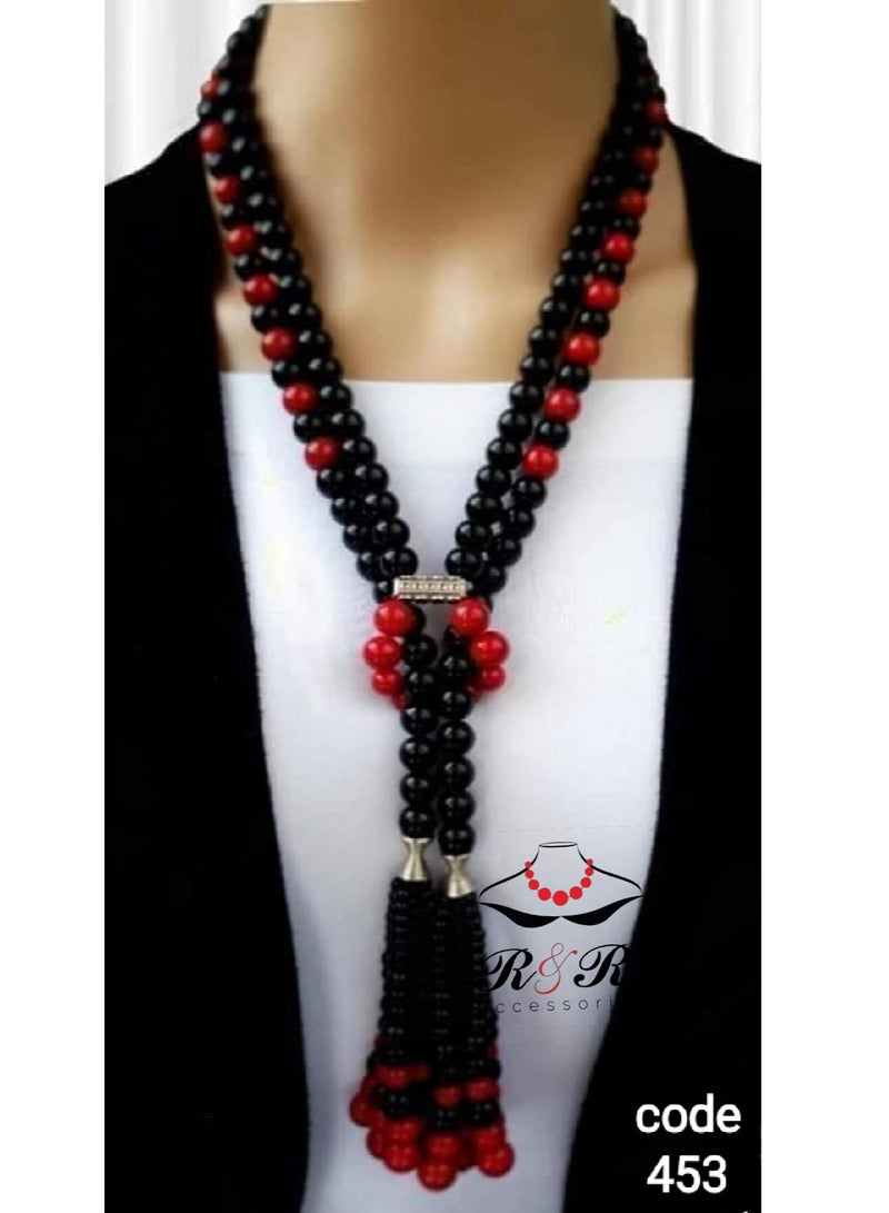 R&R Multi-layered women's necklace of black pearls and red Mallorca pearls 