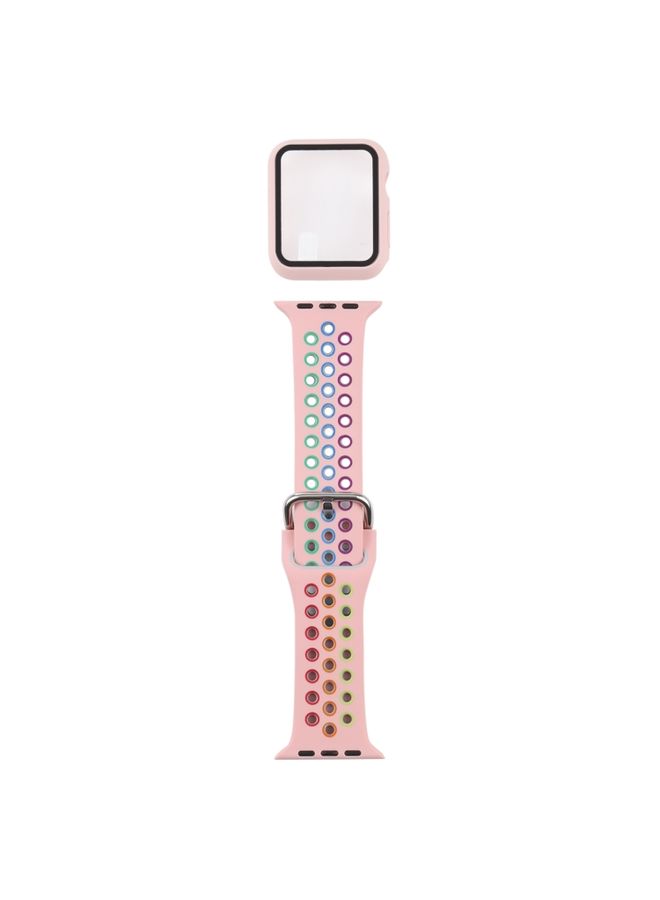 BURAQ Protective Cover Silicone Watch Band + Protective Case with Screen Protector Set For Apple Watch Series 3 & 2 & 1 42mm(Pink Colorful)