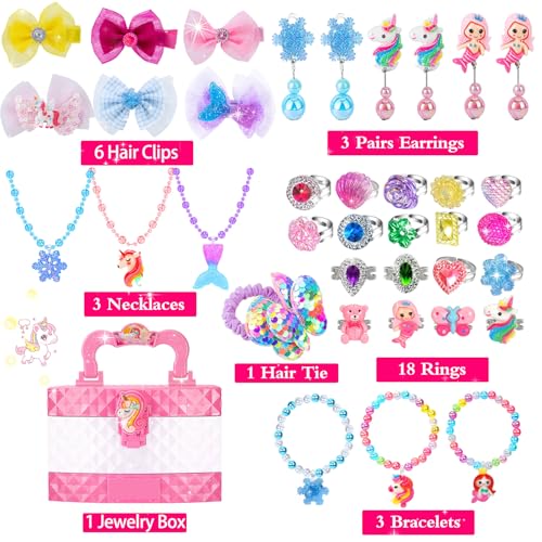MOZXEBOK Jewelry Toys for Girls, Adjustable Rings, Bracelets, Necklaces, Butterfly Hair Clips, Toddler Bows, Unicorns Kids Toys Set for Princess Dress Up, Christmas Birthday Gifts, 3 4 5 6 7 8 9+ Year Old Girl - Image 3