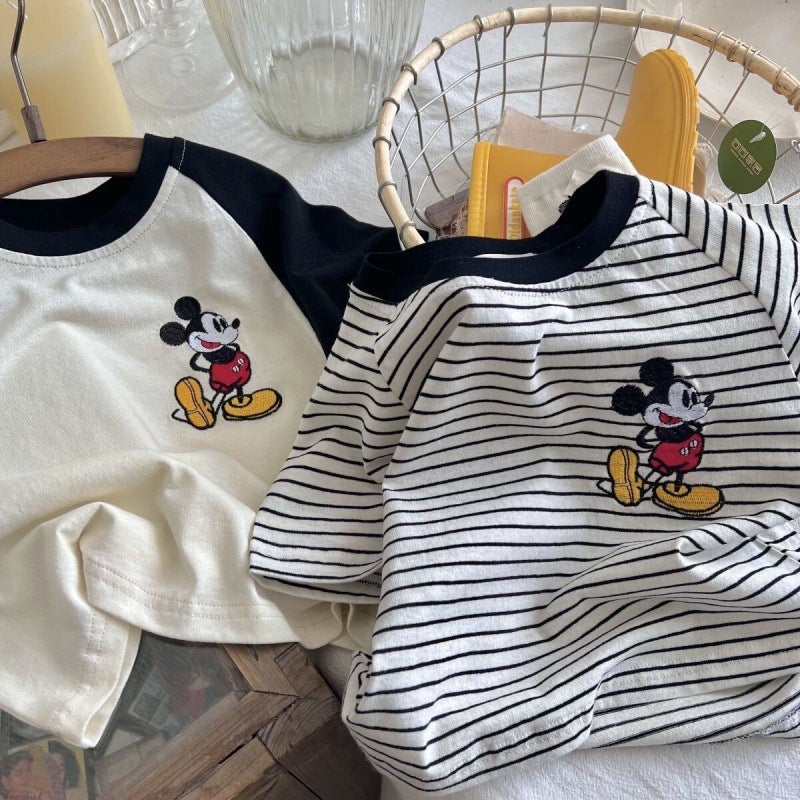 Children'S Cotton Short-Sleeved T-Shirt Boys And Girls Mickey Cartoon Embroidered Contrast Color T-Shirt Baby Striped Top - Image 4