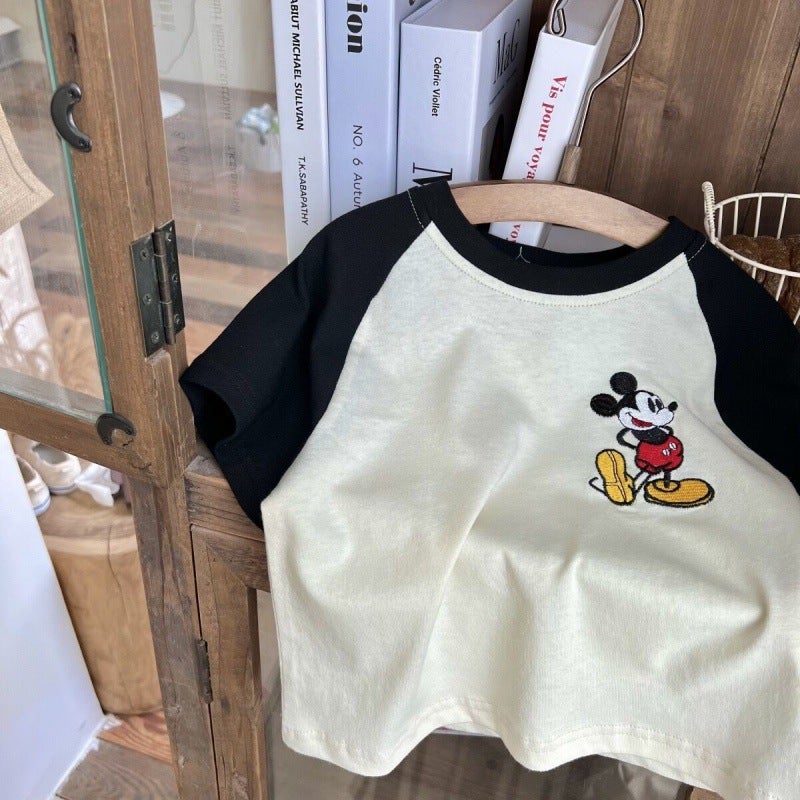 Children'S Cotton Short-Sleeved T-Shirt Boys And Girls Mickey Cartoon Embroidered Contrast Color T-Shirt Baby Striped Top - Image 1
