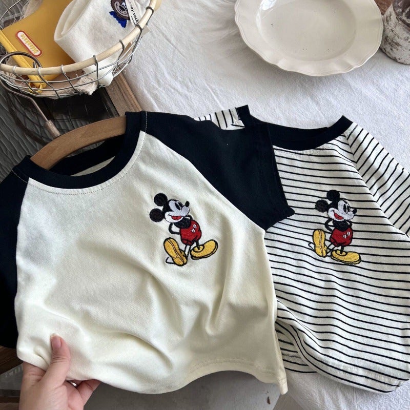 Children'S Cotton Short-Sleeved T-Shirt Boys And Girls Mickey Cartoon Embroidered Contrast Color T-Shirt Baby Striped Top - Image 3