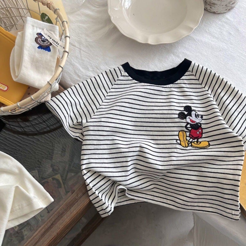 Children'S Cotton Short-Sleeved T-Shirt Boys And Girls Mickey Cartoon Embroidered Contrast Color T-Shirt Baby Striped Top - Image 5