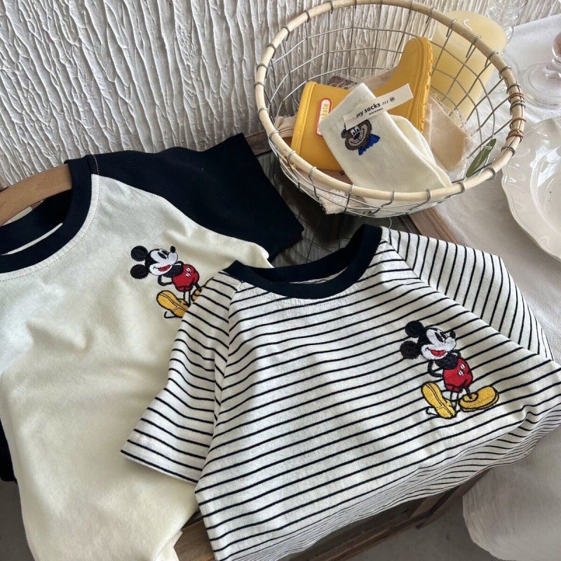 Children'S Cotton Short-Sleeved T-Shirt Boys And Girls Mickey Cartoon Embroidered Contrast Color T-Shirt Baby Striped Top - Image 2