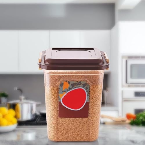 GALOOF Plastic Big Storage Container For Rise Grain Cereals Flour Atta & Foods Bulk Storage Drum (22, Square, 1, Color : Brown) - Image 2