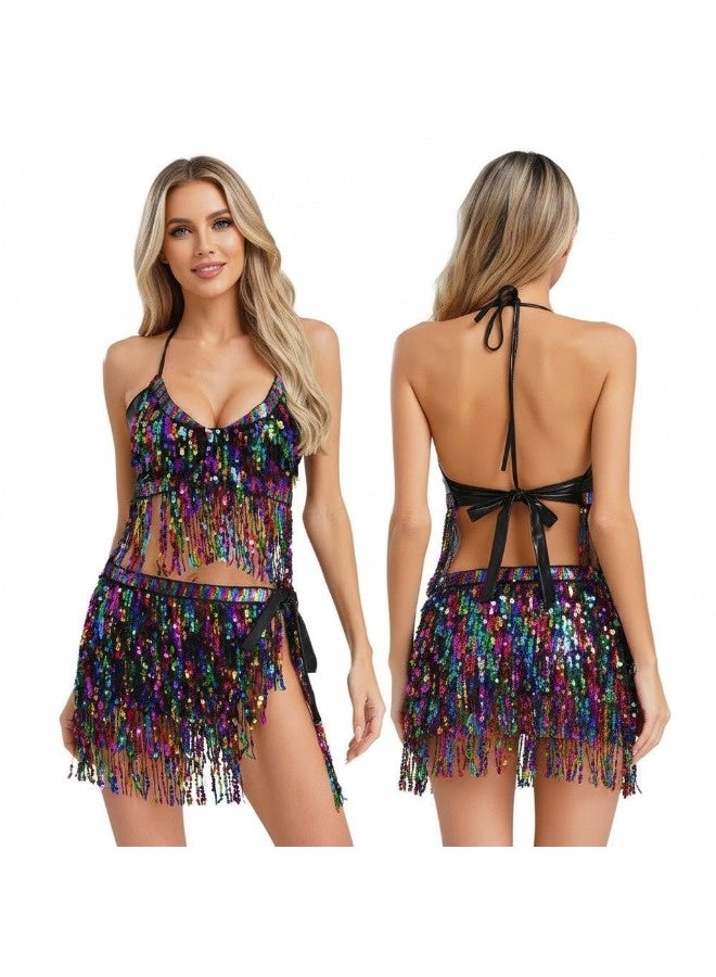 شيبشيب طقم تنورة رقص نسائي بترتر وشرابات مع توب قصير – مقاس قابل للتعديل لرقصات اللاتين والتانغو والرقص الشرقي - Image 1