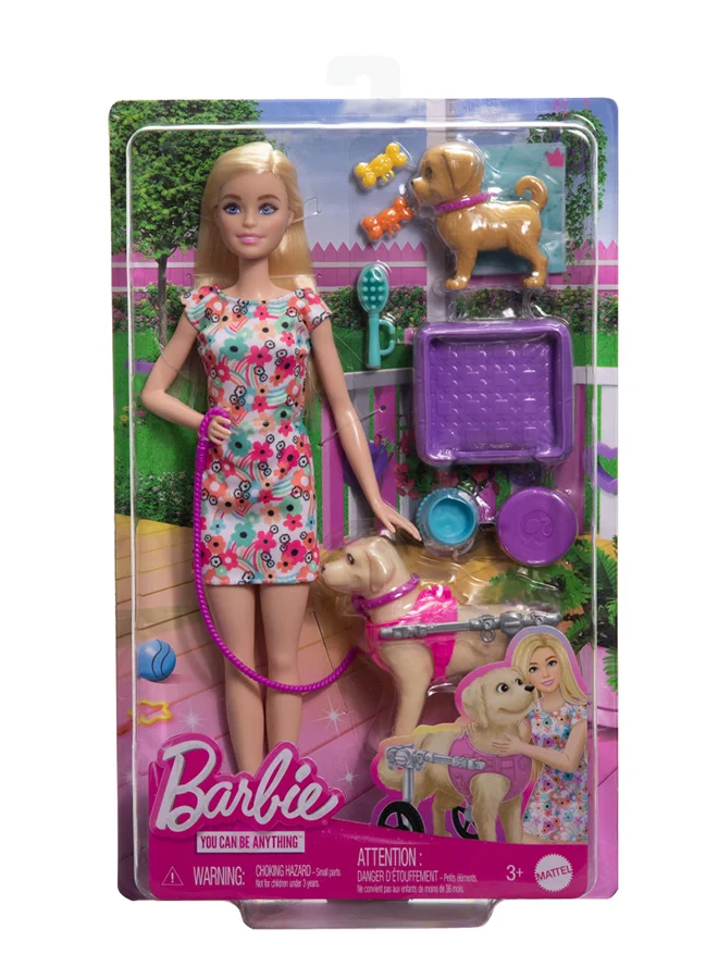 Barbie Doll With 2 Toy Dogs & Pet Accessories, 1 Pup In A Removable Wheelchair With Rolling Wheels, 10+ Piece Set