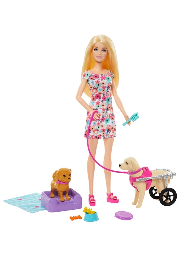 Barbie Doll With 2 Toy Dogs & Pet Accessories, 1 Pup In A Removable Wheelchair With Rolling Wheels, 10+ Piece Set