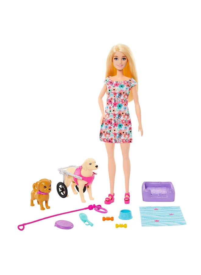 Barbie Doll With 2 Toy Dogs & Pet Accessories, 1 Pup In A Removable Wheelchair With Rolling Wheels, 10+ Piece Set