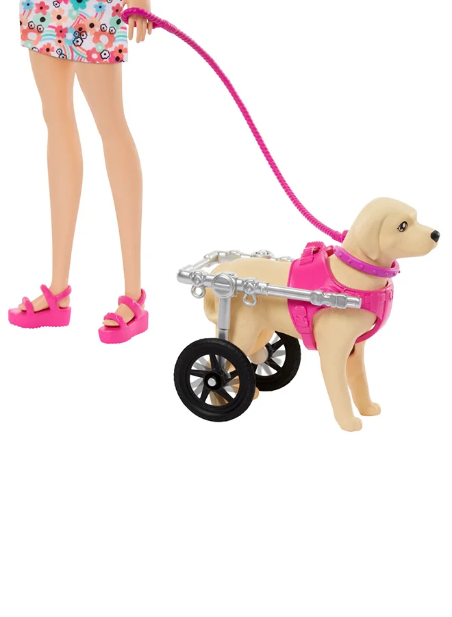 Barbie Doll With 2 Toy Dogs & Pet Accessories, 1 Pup In A Removable Wheelchair With Rolling Wheels, 10+ Piece Set