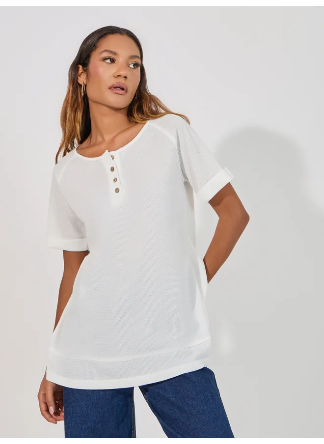 Aria Romance ARIA ROMANCE Solid Button Detail Waffle Knit Top