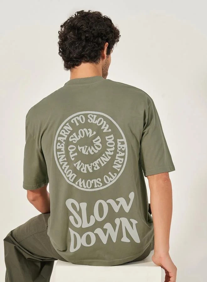 Styli Printed Oversized Cotton Rich T-Shirt with Mock Neck Detail