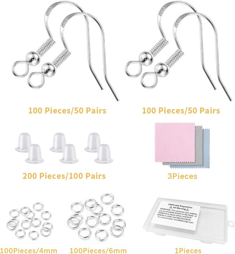 Lhedon 925 Sterling Silver Hypoallergenic Earring Hooks 100 Pairs for Jewelry Making, Fish Hook Earrings Making Kit, DIY Earring Findings Jewelry Making Supplies, with 200 PCS Earring Backs，Christmas Gifts - Image 2