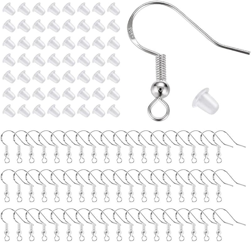 Lhedon 925 Sterling Silver Hypoallergenic Earring Hooks 100 Pairs for Jewelry Making, Fish Hook Earrings Making Kit, DIY Earring Findings Jewelry Making Supplies, with 200 PCS Earring Backs，Christmas Gifts - Image 1