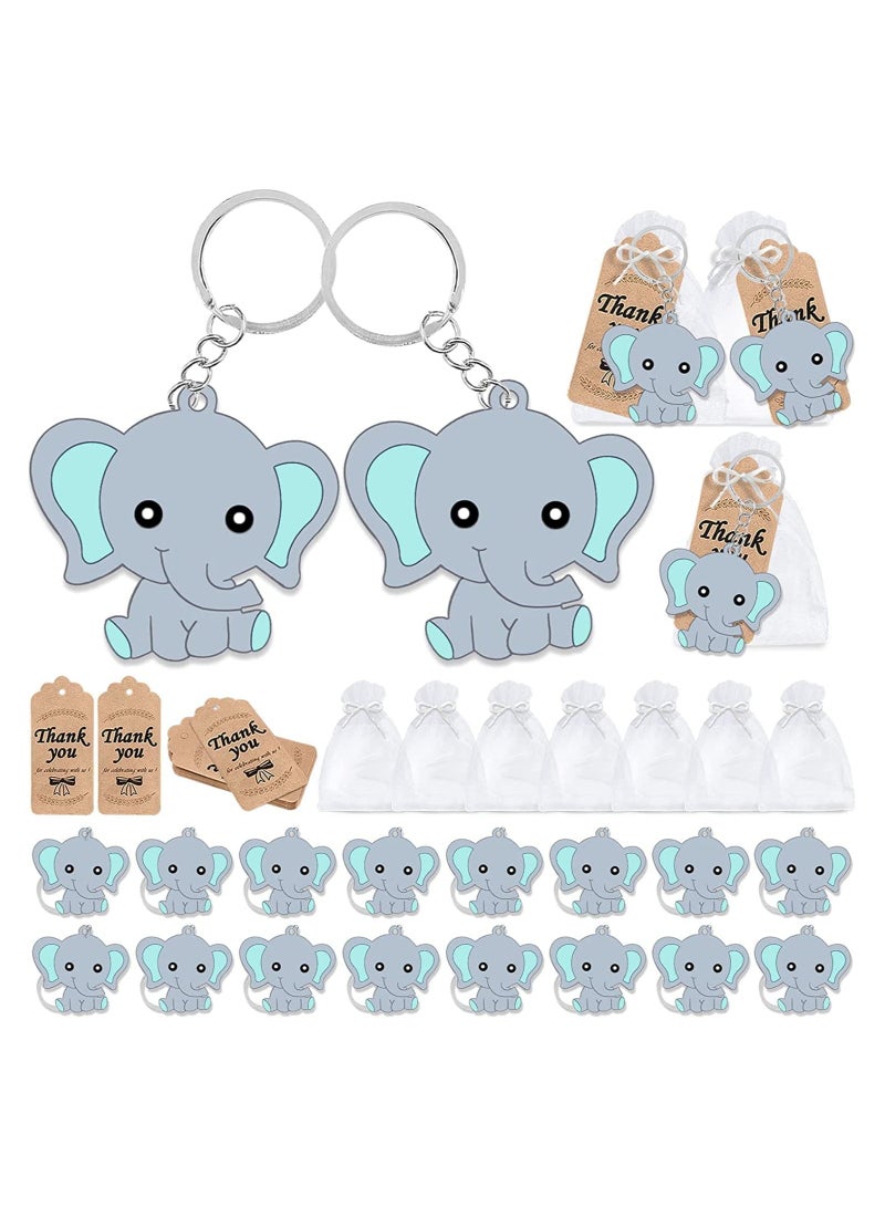 Baby Shower Guest Gift, 20 Sets of Blue Baby Elephant Keychains 20 Organza Bags 20 Thank You Tags, Ideas Presents Party Favors Boy Girl Kid Birthday Party Supply, Baby Birthday Party Keepsakes - Image 1