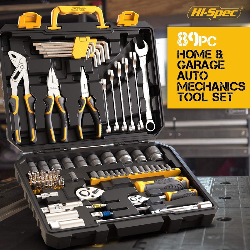 Hi-Spec 89pc Mechanic Tool Set for Car and Motorcycle - Complete Hand Tool Kit with Screwdrivers, Socket Set, Allen Keys, Ratchet and Adjustable Wrench in Tool Box - Image 2