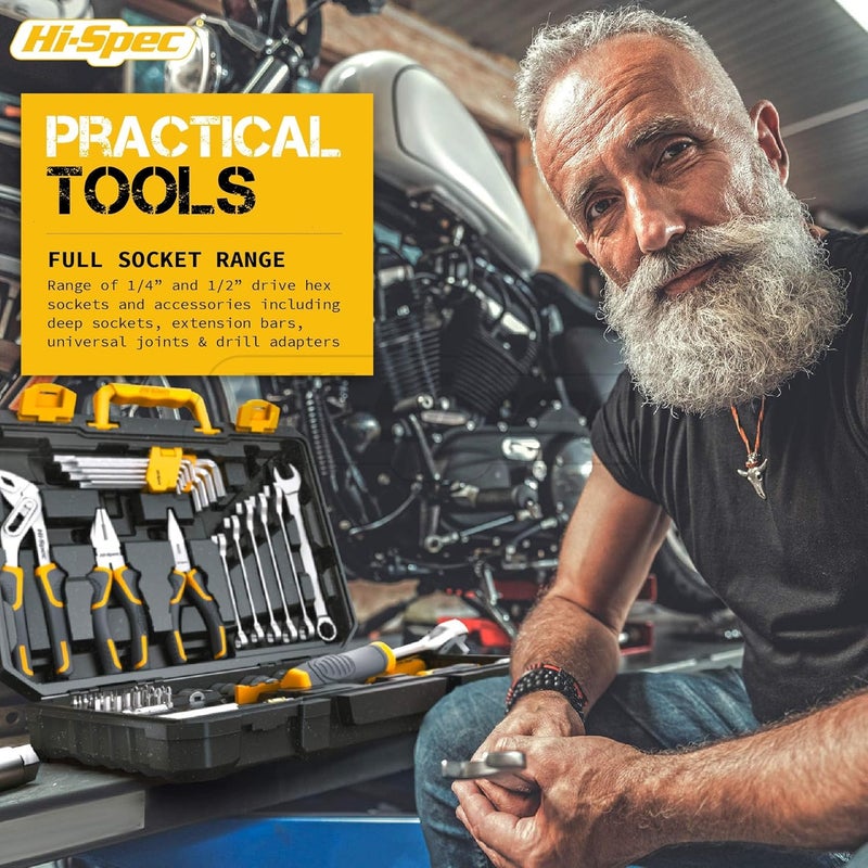 Hi-Spec 89pc Mechanic Tool Set for Car and Motorcycle - Complete Hand Tool Kit with Screwdrivers, Socket Set, Allen Keys, Ratchet and Adjustable Wrench in Tool Box - Image 3